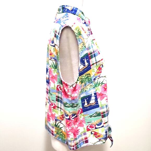 Alfred Dunner Vibrant Tropical Print Cropped and Tied Button Down Women's Top 16 - Picture 2 of 12